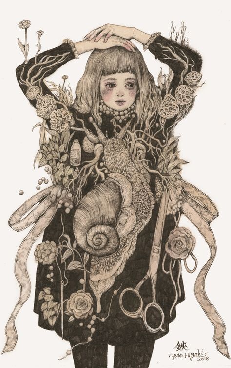 Higuchi Yuko, 동화 삽화, Hollow Art, Big Art, Pop Surrealism, Art Style Inspiration, Sketchbook Inspiration, Ink Illustrations, Creepy Cute