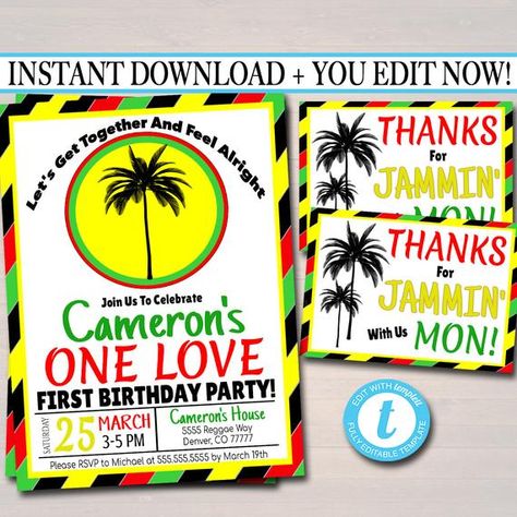 EDITABLE One Love First Birthday Party Invitation, Jamaica Reggae Theme Theme, One Year, Let's Get Together One Year Party Theme, Birthday Trip Invitation, Jamaica Birthday Trip, First Birthday Time Capsule, Reggae Party, Birthday Time Capsule, Jamaica Reggae, Baby Boy 1st Birthday Party, Themed Party Ideas