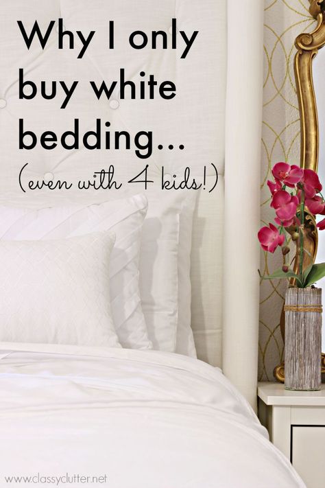 Why I only buy white bedding and why you should too! Plus my tips on keeping it looking new! - www.classyclutter.net #oxiclean #ad Pretty Pantry, Cottage Style Bedroom, Organize Your Pantry, White Bedspreads, White Bed Set, Guest Bedroom Design, Pantry Makeover, White Comforter, White Sheets