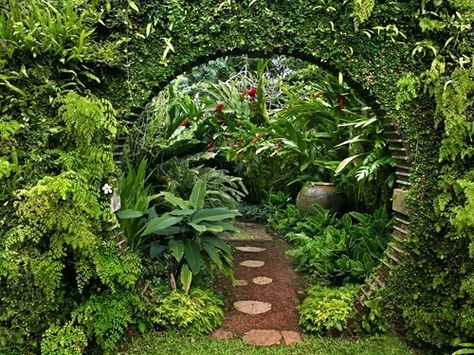 I like the round arch for a walk through path. Witchy Garden, Garden Archway, Moon Gate, Jungle Gardens, Garden Entrance, Moon Garden, Ideas Garden, Perennial Garden, Garden Gates