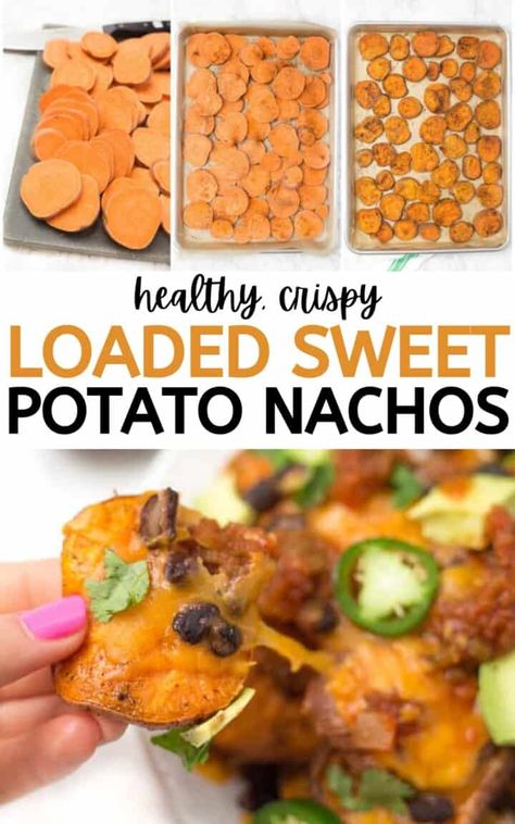 Sweet Potato Chip Nachos, Health Dinner Sweet Potato, Healthy Potato Nachos, Sweet Potato Black Bean Nachos, Easy Healthy Dinner Sweet Potato, Avocado Sweet Potatoe, Mediterranean Recipes Sweet Potatoes, Whole 30 Recipes Sweet Potato, Easy Healthy Dinner With Sweet Potatoes