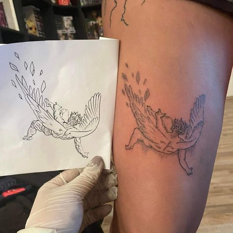 Icarus Tattoo Placement, Icarus Tattoo, D N Angel, Fallen Angel Tattoo, Small Pretty Tattoos, Leg Tattoo Men, Leg Tattoo, Angel Tattoo, Tattoo Placement