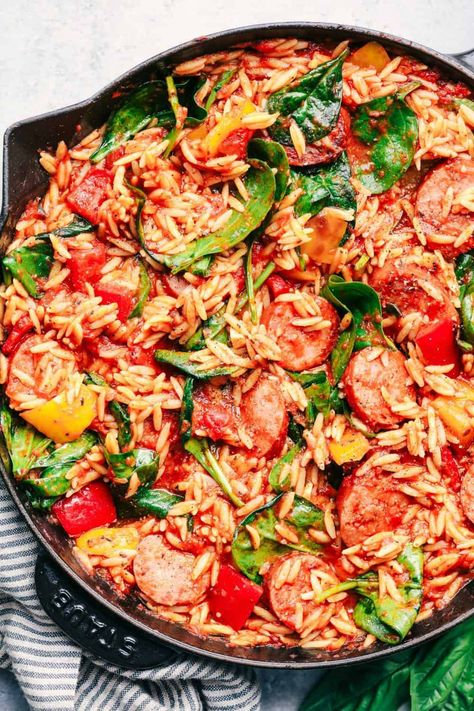 Italian Orzo, Sausage Skillet Recipe, Vegetable Orzo, Orzo Skillet, Sausage Skillet, Sausage Peppers, Easy Skillet Meals, Italian Dinner Recipes, Easy To Make Dinners