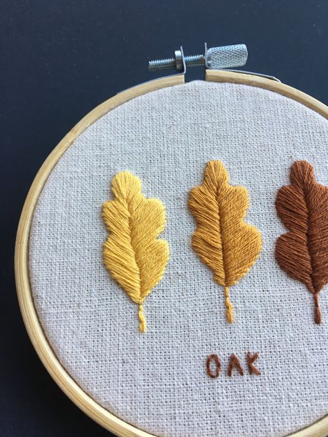 Handmade embroidery hoop. Enjoy the colour of Autumn. 3 oak tree leaves are stitched on natural-colour linen. Size of hoop : 4 inches (10cm) in diameter  U.K. delivery (1st class Royal Mail) Oak Leaves Embroidery, Embroidery Oak Leaf, Embroidery Designs Leaves, Oak Tree Embroidery, Oak Leaf Embroidery, Fall Leaf Embroidery, Oak Embroidery, Fall Leaves Embroidery, Acorn Embroidery