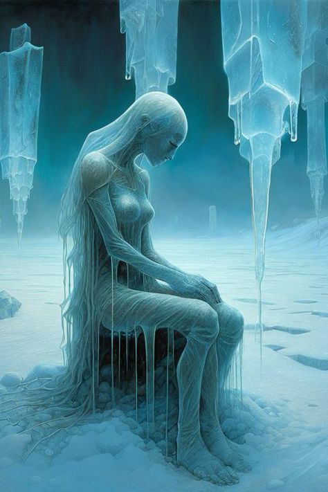 By Beksinski, Peter Gric, "And I wonder if you know How it really feels, To be left outside alone When it's cold out here"; female figure in torn clothes made of transparent bioluminescent ice blocks kneeling in a cold and frozen winter landscape, translucent icicles, hyper-detailed, intricate 4K 3D, surreal, vibrant white and blue colours, pale sun, by Michal Karcz and Igor Morski, HDR, sharp focus, crisp quality https://apps.apple.com/us/app/genzart-ai-art-generator/id1669915100 Frozen In Ice Art, Ice Artwork, Ice Magic Art, Ice Oc, Ice Drawing, Ice Witch, Ice Monster, Ice Powers, Ice Magic