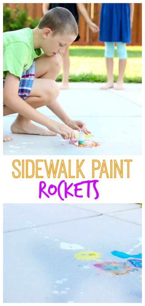 A science experiment, crowd pleaser, and boredom buster all in one! These sidewalk paint rockets splatter colorful bursts of chalk paint on the ground and clean up with water! Diy Sidewalk Chalk Paint, Diy Sidewalk Chalk, Diy Sidewalk, Simple Art Activity, Sidewalk Chalk Paint, Sidewalk Paint, Summer Boredom, Liquid Chalk, Summer Crafts For Kids