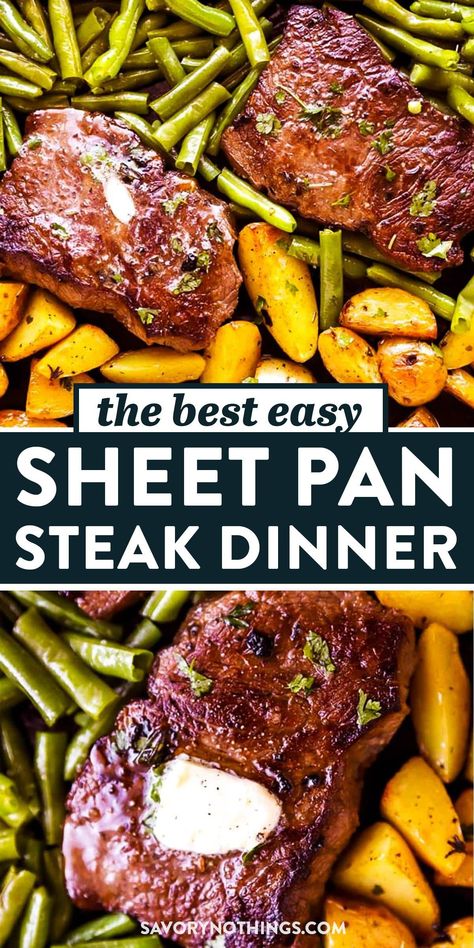 Cook your top sirloin steak on a sheet pan in the oven with potatoes and veggies like green beans or asparagus for a change! This is an easy recipe for a quick sheet pan dinner – great for a healthy family dinner. | #steakdinner #sheetpandinners #familydinners Dinner Meat And Veggies, Sheet Pan Sirloin Steak, Steak Sheetpan Dinner, Sirloin Sheet Pan Dinner, Steak And Sweet Potato Sheet Pan Dinner, Oven Dinners One Tray, Garlic Butter Steak Bites With Potatoes Sheet Pan, Steak In The Oven Sheet Pan, Steak And Potato Sheet Pan Dinner