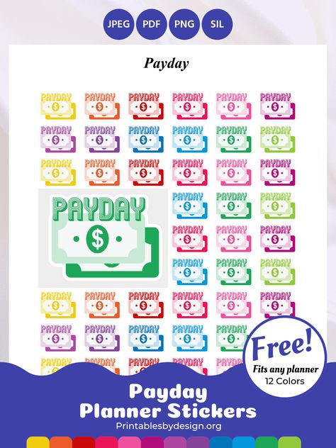 Payday | Printable Planner by  Minerva Couture Payday Stickers Printable Free, Planner Icons Free, Mom Binder, Planner Hacks, 2024 Planning, Silhouette Stickers, Organizing Printables, Sticker Inspiration, Planner Calendar Printables