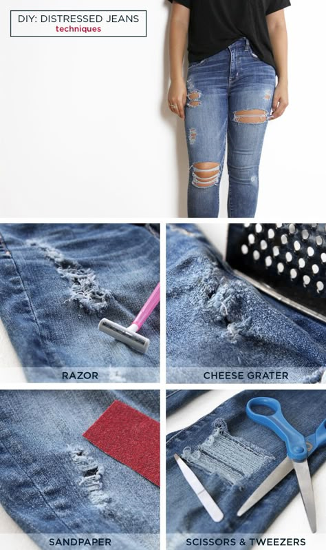 DIY: Distressed T-Shirt and Jeans - AExME How To Make Ripped Jeans, Diy Distressed Jeans, Distressing Jeans, Diy Ripped Jeans, Jean Diy, Distress Denim, Rip Jeans, Distress Jeans, Diy Jeans