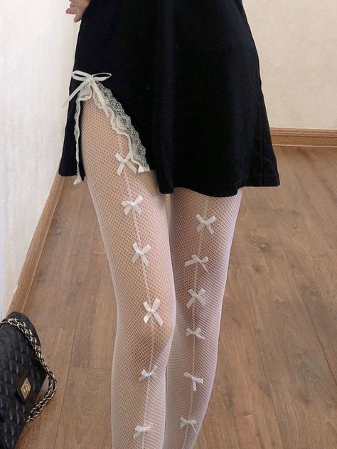 1pair Women Bow Decor Elegant Fishnet TightsI discovered amazing products on SHEIN.com, come check them out! White Fishnet Outfit, Fishnets Outfit, White Tights Outfit, Fishnet Outfit, White Fishnets, Fishnet Socks, White Tights, White Stockings, Bow Decor