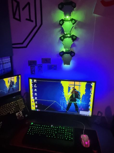 This is my desktop and setup gaming cyberpunk themed Cyberpunk Setup, Cyberpunk Room Decor, Themed Game Room, Cyberpunk Room, Setup Gamer, Setup Gaming, Game Room, Cyberpunk, Theater