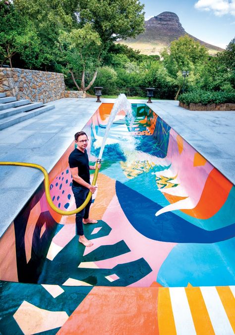 This Colourful Cape Town Swimming Pool is a Tropical Dream Mod Pool, Pool Mural, Pool Paint, Pool Art, Pool Shower, Stock Tank Pool, Professional Painters, Swimming Pool Designs, Infinity Pool