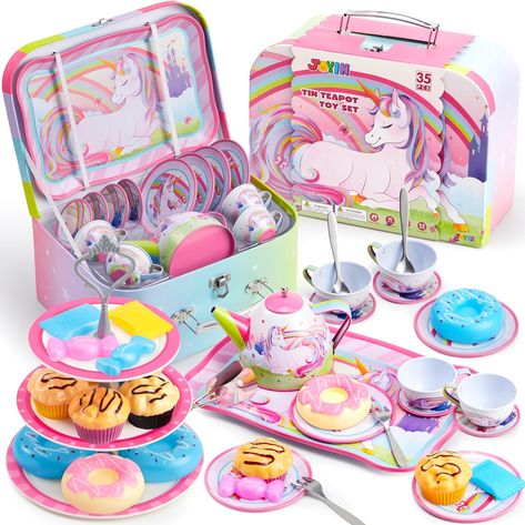 JOYIN 35Pcs Unicorn Tea Party Set for Little Girls, Pretend Tin Teapot Set, Princess Tea Time Play Kitchen Toy with Dessert, Doughnut, Carrying Case for Birthday Easter Gifts Kids Toddlers Age 3 4 5 6 Unicorn Tea Party, Birthday Gifts Kids, Outdoor Tea Parties, Toy Kitchens, Tea Party Set, Friends Enjoying, Kitchen Toy, Tea Party Setting, Kids Play Kitchen