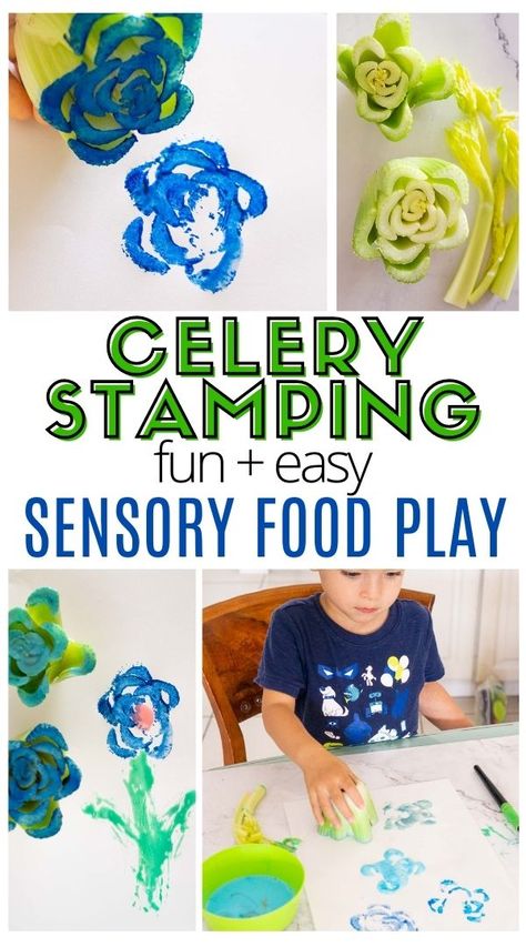 An easy toddler activity: Celery Stamping! Sensory play with food is a GREAT way to expose toddlers to new veggies and to get picky eaters to have exposure to new foods and veggies. This EASY sensory activity with food takes just 2 minutes to set up, and your kid can play as long as they want and get creative with finger paints! If you're looking for easy toddler activities, creative sensory play ideas, or for ideas for picky eaters, definitely give this easy food stamping activity a try! All About Food Preschool Activities, Cooking Gross Motor Activities, Food Play Activities, Healthy Preschool Activities, Food Groups Preschool Activities, Food Pyramid Preschool, Culinary Activities For Preschoolers, Sensory Food Play, Food And Flavors Infant Activities