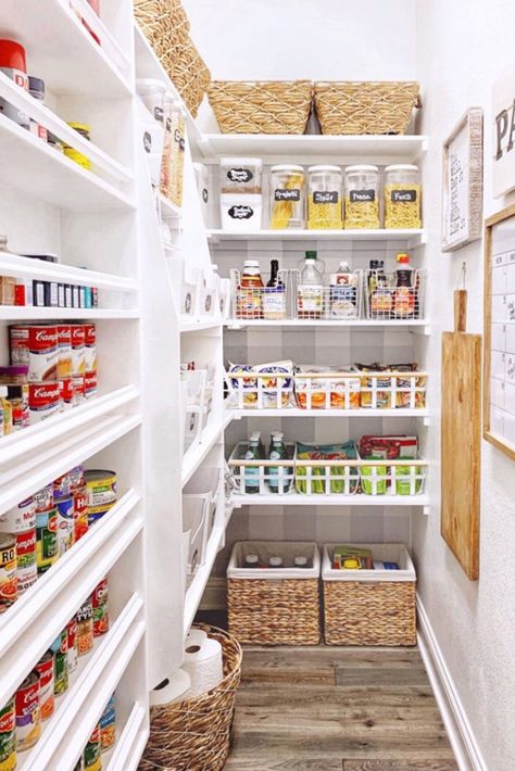 lined bins for under pantry shelves to store paper towels, toilet paper, etc. Walk In Pantry Ideas, Narrow Pantry, No Pantry Solutions, Dream Pantry, Pantry Inspiration, House Pantry, My Texas House, Lots Of Food, Organized Pantry