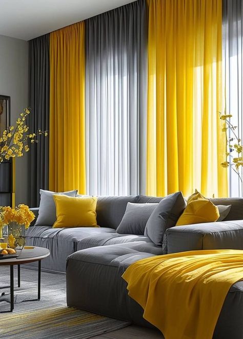 35 Stunning Yellow and Gray Living Room Ideas to Brighten Your Space 50 Grey And Sunflower Living Room, Grey And White With A Pop Of Color, Yellow Black And White Living Room, Yellow Curtains Living Room Ideas, Yellow Living Room Decor Ideas, Yellow Grey Living Room, Best Greige Paint, Gray Living Room Ideas, Best Greige