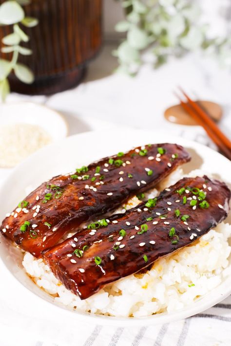 Vegan "Unagi" Don (Eggplant) | Two Plaid Aprons Vegan Unagi, Rice Bowls Vegetarian, Unagi Don, Glass Noodle Stir Fry, Noodle Stir Fry, Vegan Eggplant, Korean Recipes, Rice Bowls Recipes, Sweet Potato Noodles