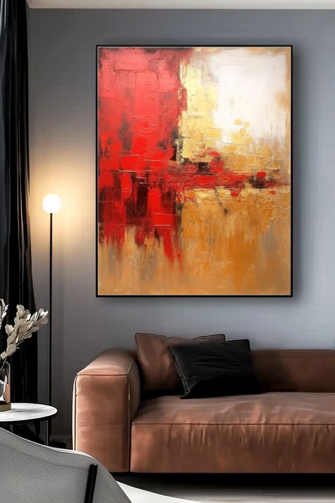 Original handmade abstract painting with bold red and gold colors, featuring textured brushstrokes and a dynamic composition Red Abstract Painting, Gold Abstract Painting, Red Abstract, Handmade Artwork, Modern Interiors, Unique Wall Art, Rich Textures, Gold Paint, Red And Gold