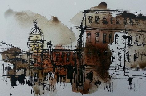 Drawing from Leicester Train Station. 2017 Emma Fitzpatrick, Architecture Sketching, Sketching Inspiration, Santa Paula, Architecture Sketches, Urban Painting, Urban Sketches, Pen And Wash, Urban Sketch