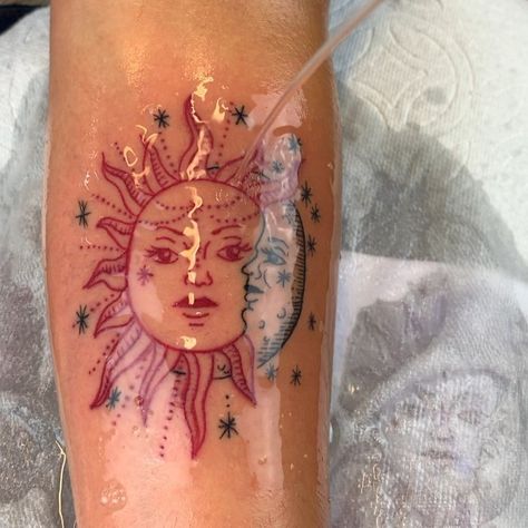 TATTOO & PIERCING STUDIO on Instagram: “Yours is the light by which my spirit's born: - you are my sun, my moon, and all my stars. ARTIST : FRANK  #sunandmoon #redink #love…” Sun And Moon Tattoo Red, Orange Moon Tattoo, Sun Moon Rising Tattoo, Red Sun Tattoo, Sun And Moon Tattoo, Pretty Hand Tattoos, Orange Moon, Senior Project, Piercing Studio