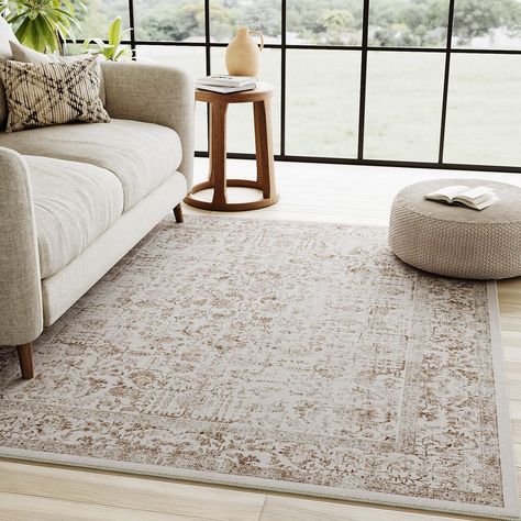 PRICES MAY VARY. Classic Vintage Style: PureCozy area rug has a trendy faded style and a unique retro pattern, tribal design blend perfectly with your home, suitable for the living room, bedroom, dining room, laundry room, entryway, kids' room, kitchen and office Power Loomed Rug: Our non-slip area rug is made of durable polypropylene which is perfect for high traffic area and easy to mantain. The bottom of the washable rug has a durable TPR rubber backing. Anti-skid backing helps the rug to sta Rug For Office, Cream Bedrooms, Beige Couch, Floral Bedroom, Office Dining Room, 4x6 Area Rugs, Vintage Living Room, Brown Area Rug, Distressed Rug