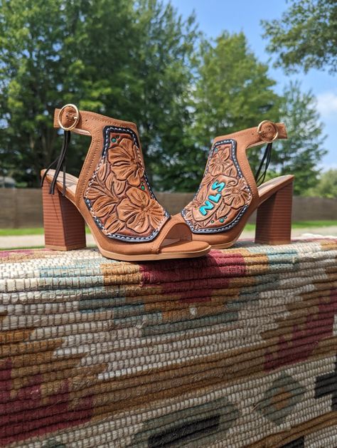 Leather tooled heels Tooled Leather High Heels, Western High Heels, Tooled Heels, Tooled Leather Heels, Tooled Leather Shoes, Western Heels, Grad 2025, Grad Shoes, Graduation Hats