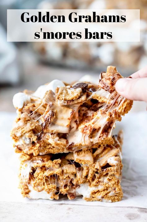 77.2KsharesPinterestFacebookEmail Golden Graham Smores, Cereal Treat Recipes, Cereal Bars Recipes, Golden Grahams Cereal, Golden Grahams, S Mores Bars, Cookie Brownie, Smores Cake, 13 Birthday