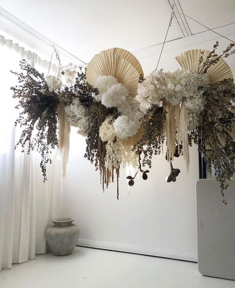 Floating Dried Flower Installation, Hanging Flower Arrangements, Tulle Backdrop, Bubble Tea Shop, Flowers Hanging, Floral Installation, Flower Installation, Floating Flowers, Flower Bowl