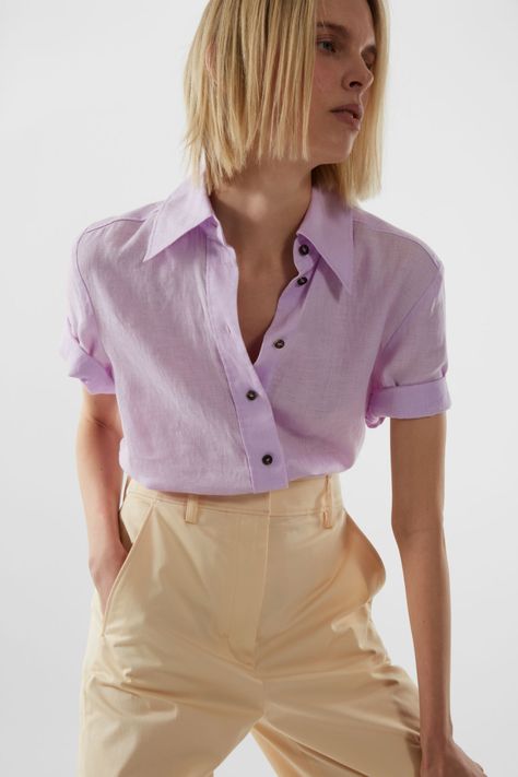 REGULAR-FIT LINEN SHIRT - LILAC - COS Lilac Shirt, 2020 Fashion Trends, Denim Blouse, Linen Short, Spring Wardrobe, Women Shirts Blouse, Pure Linen, Linen Shirt, Spring Outfit