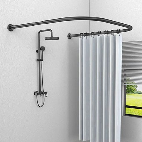 Upgraded Shower Curtain Rod U Shaped,Half Round/Oval Curved Shower Curtain Rod,Drill or No Drill,Stainless Steel Outdoor Black Shower Curtain Rod with Shower Rings(28.3"-40.1")x35x(28.3"-40.1") Black Shower Curtain Rod, Round Shower Curtain Rod, Curved Shower Curtain Rod, Curved Shower Curtain, Curved Curtain Rods, Black Shower Curtains, Shower Rings, Shower Curtain Rod, Shower Rod