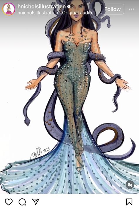 Medusa Fashion Illustration, Snake Fashion Illustration, Medusa Inspired Dress, Medusa Clothes, Snake Inspired Fashion, Medusa Illustration, Greek Inspired Fashion, Outfits For Stage, Cosplay Inspired Outfits