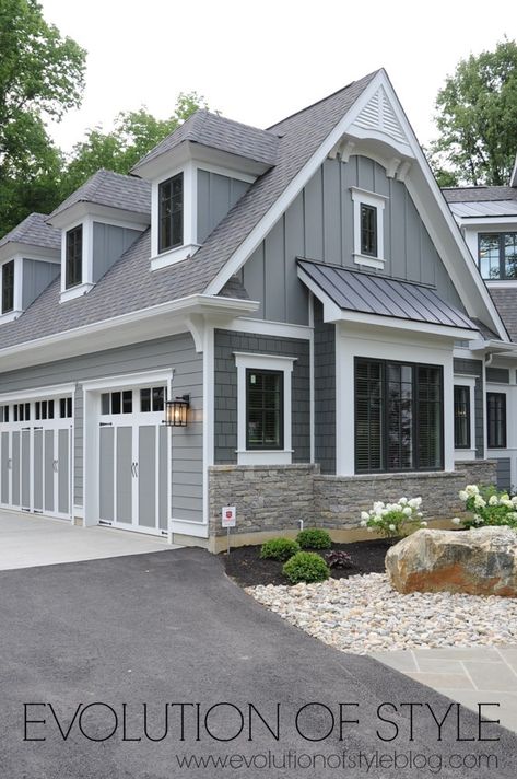 Dark Gray Siding Exterior White Trim, Craftsman Bump Out, Light Blue Craftsman House Exterior, Siding Ideas Exterior Craftsman Style, Dark Gray House White Windows, Gray And White Siding Exterior, Gray Houses With Black Windows, Blue Exterior Farmhouse, Tundra Gray Lp Siding