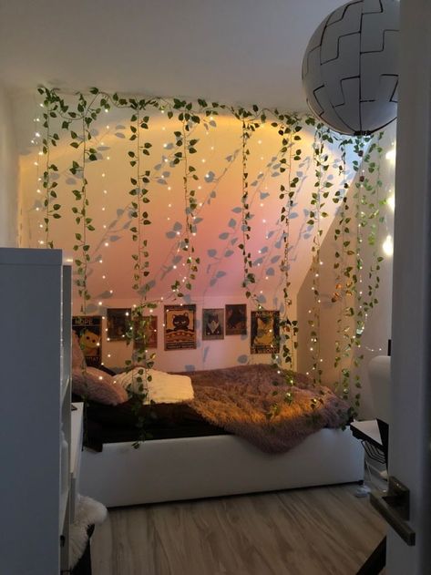 Earthy Bedroom With Led Lights, Fairy Lights Bedroom Wall, Fairy Bedroom, Yoga Studio Design, Bedroom Stuff, Earthy Bedroom, Mushroom Lights, Fairy Lights Bedroom, Apartment Makeover