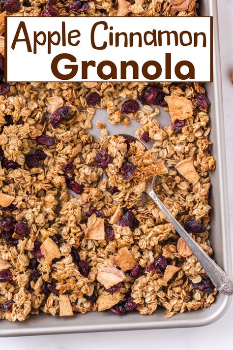 Apple Cinnamon Granola—this one’s packed with oats, walnuts, dried apples, and cranberries. It’s so good, you'll find yourself reaching for it at breakfast or just snacking straight from the jar. via @cmpollak1 Baked Apples With Granola, Apples And Granola, Apple Granola Bars, Maple Cinnamon Granola, Honey Cinnamon Granola, Cinnamon Granola Recipe, Apple Cinnamon Granola, Apple Granola, Vanilla Granola