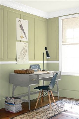 Look at the paint colour combination I created with Benjamin Moore. Via @benjamin_moore. Upper Wall: Lewiville Green 494; Lower Wall: Urban Nature AF-440; Trim: White OC-151; Ceiling: Steam AF-15. Benjamin Moore Lavender, Neutral Gray Paint, Warm Grey Paint Colors, Warm Gray Paint, Blue Gray Paint Colors, Benjamin Moore Gray, Greige Paint Colors, Color Combinations Paint, Blue Gray Paint