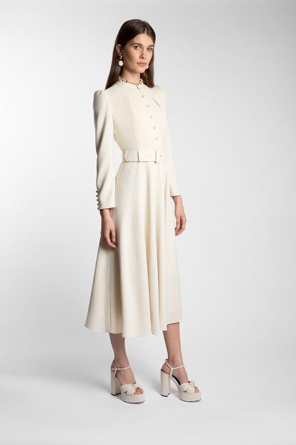 Ahana Cream Dress – Beulah London Cream Long Sleeve Dress, Beulah London, Wool Crepe, London Dresses, Cream Dress, Creative Home, Fit And Flare Dress, Elegant Style, Occasion Wear