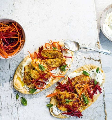 Sesame halloumi flatbreads recipe | Sainsbury`s Magazine Kebab Marinade, Beet Slaw, Veggie Recipes Easy, Sumac Onions, Tuna Can, Veggie Meal, Meat Free Monday, Easy Veggie, Kebab Recipes