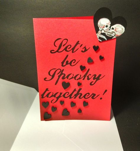 A unique handmade card available for purchase on Etsy via ChloeTheCraftWitch. The skeletons are gand painted and all hearts are wooden :) #crafts Halloween Love Cards, Valentines Presents For Him, Goth Valentines, Cricut Stencil, Spooky Basket, Valentines Gift Card, Diy Valentines Cards, Cricut Stencils, Stencil Ideas