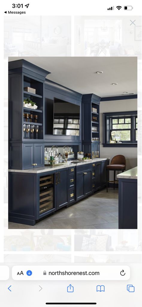 Basement Wet Bar Blue Cabinets, Navy Wet Bar, Dark Blue Bar, Navy Blue Bar, Lakehouse Remodel, Basement Wet Bar, Dark Office, Bar Nook, Navy Cabinets