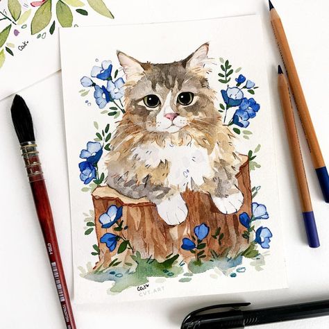 Cute Cat Watercolor Paintings, Realistic Cat Painting, Cute Paintings Watercolor, Cute Watercolor Illustration, Watercolor Paintings Realistic, Watercolor Paintings Cat, Art Sketches Watercolor, Cat Watercolor Paintings, Watercolor Cat Painting