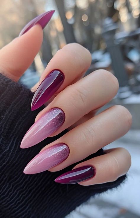 Crimson Color Nails, Plum Nail Color Design, Nail Feather Design, October Nails Ideas Almond, Long Almond Ombre Nails, Plum Pink Nails, Deep Purple Almond Nails, November Bday Nails, French Tip On Stiletto Nails