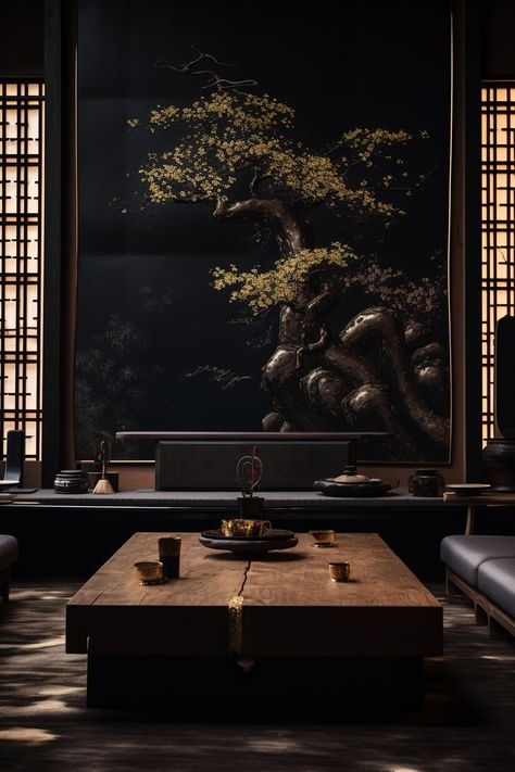 Traditional Japanese-Style Dark Wood Home Interior Designs Wood Home Interior, Dark Wood Home, Japanese Home Aesthetic, Dark Wood Interior, Japanese Style Interior Design, Goth Interior, Chinese Tea Room, Dark Bar, Japanese Style Interior