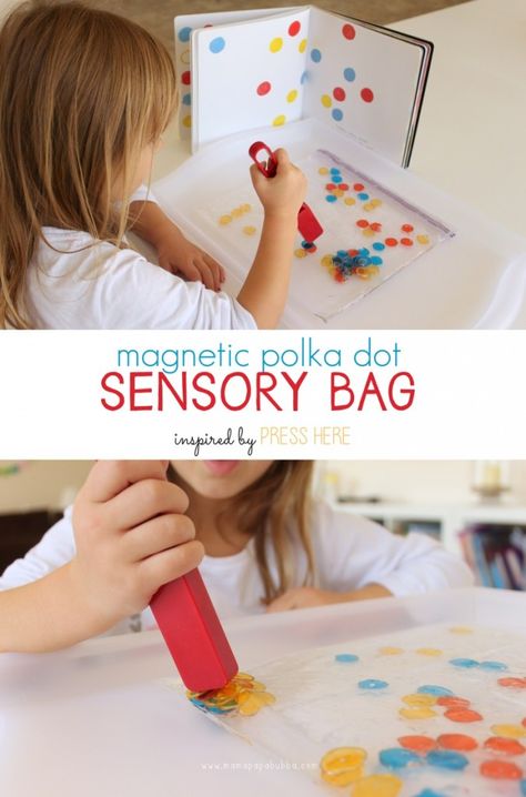 A magnetic sensory bag based on Herve Tullet's Press Here. Herve Tullet, Sensory Bag, Sensory Bags, Play Activity, Dot Day, Preschool Literacy, Preschool Science, Preschool Books, Sensory Bins