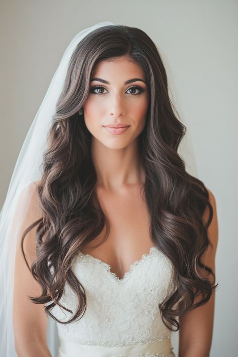 80+ Gorgeous Hairstyles for Brides with Long Hair | Matched Hearts Long Soft Curls Wedding, Hair Down Cathedral Veil, Wedding Hair Long Hair Down, Bridal Hair Down Brunette Loose Curls, Bride Hair Down Waves, Big Curls For Long Hair Wedding, Bridal Hair All Down Curls, Bridal Hair Wavy Down Loose Waves, Wedding Hairpiece Hair Down