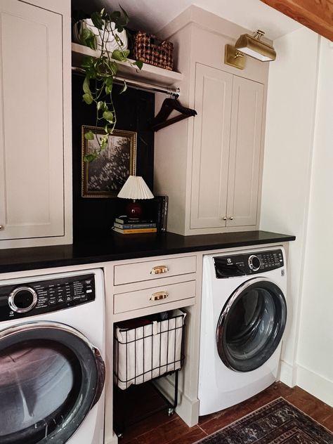 Laundry Room Remodel - Kassy On Design Laundry Room Design With Storage, Laundry Room With Cabinet Between Washer And Dryer, Laundry Room Pass Through, Small Hall Laundry Closet, Small Laundry Room Design Stackable, Black Washer Dryer Laundry Room, Washer And Dryer Cabinet, Laundry Room Upper Cabinets, Storage Above Washer And Dryer