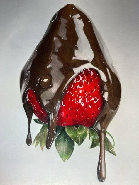 Pencilcolor Art, Drawing Chocolate, Choco Strawberry, Strawberry Painting, Colored Pencil Artwork Ideas, Chocolate Drawing, One Strawberry, Strawberry Drawing, Candy Drawing