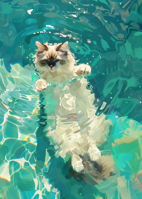 Water Cat Aesthetic, Clear Water Painting, Wallpapers 16:9, Water Art Wallpaper, Warm Colour Painting, Clear Water Wallpaper, Bright Colours Aesthetic, Cat In Sunlight, Square Painting Ideas