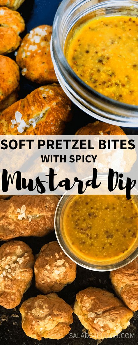 These Soft Pretzel Bites with Spicy Mustard Dip are the perfect snack for tailgating. Soft, chewy and bite size with a golden crust, they’re perfect for dunking into a delicious spicy mustard dip that gets a wonderful boost from the addition of hot sauce and maple syrup.  #pretzelbites #gameday #appetizer Pretzels With Mustard Dip, Pretzel Bites Dip, Dipping Sauce For Pretzel Bites, Soft Pretzel Mustard Dip, Soft Pretzel Dips Sauces, Pretzel Bite Dip, Spicy Mustard Pretzel Dip, Spicy Mustard Dip, Pretzel Bites Dipping Sauce