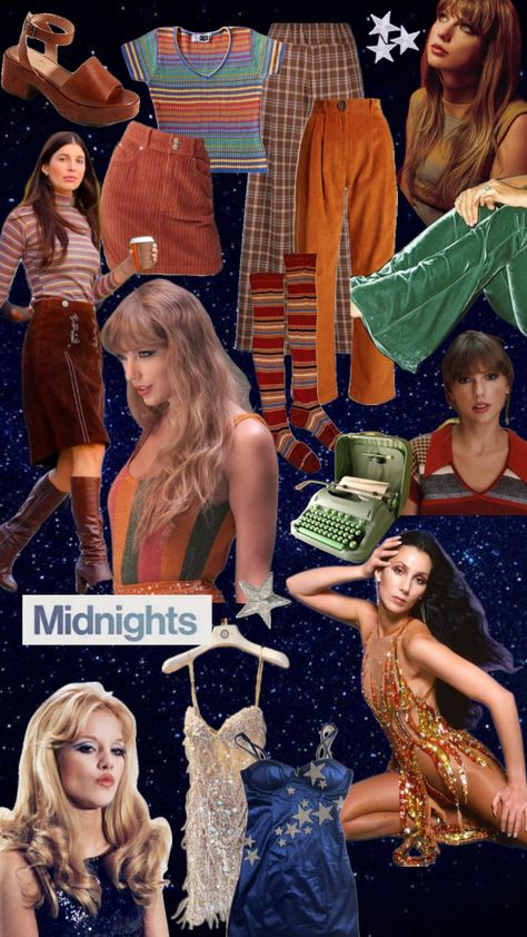 #midnights #midnightstaylorswift #midnightsoutfits #taylorswift #outfits #outfitinspo #70s Midnights Mayhem With Me Outfits, Midnights Aesthetic Outfits Taylor Swift, Midnights Era Outfit Ideas, Taylor Midnights Outfits, Midnight Era Outfits, Midnights Outfit Taylor Swift, Midnights Inspired Outfit, Midnights Era Outfits, Taylor Swift Midnights Outfit Ideas