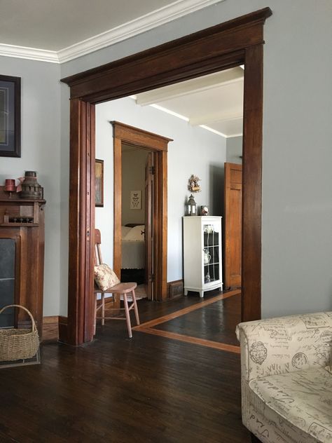 Grey Wall Wood Trim, Exposed Wood Trim, Wood Around Windows Interior, Gray Walls Wood Trim, Dark Wood Moldings And Trim, Dark Wood Trim Kitchen, Gray Walls With Wood Trim, Wood Baseboards And Trim, Natural Wood Trim Interior